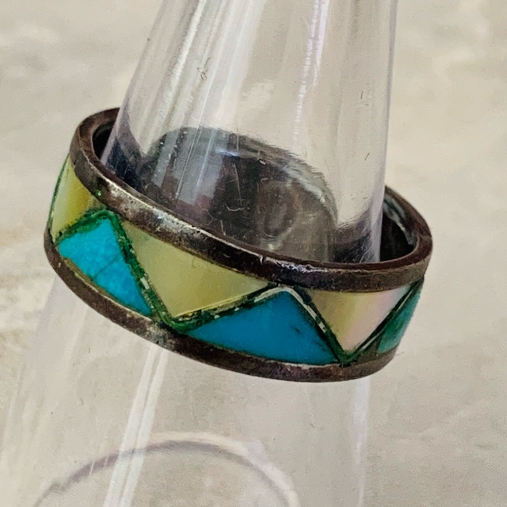 Vintage Turquoise and Mother of Pearl Inlay Chevron Ring